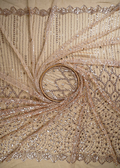 Golden Imported Net Fabric With All Over Sequins, Katdana And Stone Work With One Side Heavy Border 25601