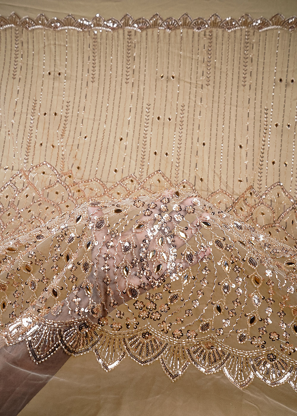 Golden Imported Net Fabric With All Over Sequins, Katdana And Stone Work With One Side Heavy Border 25601