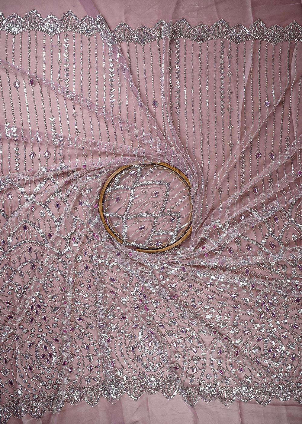Pink Imported Net Fabric With All Over Sequins, Katdana And Stone Work With One Side Heavy Border 25602