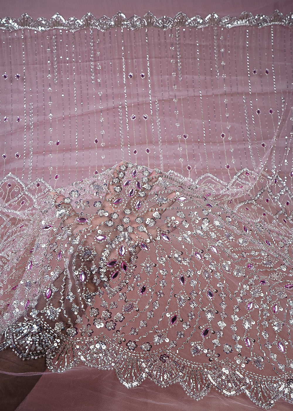 Pink Imported Net Fabric With All Over Sequins, Katdana And Stone Work With One Side Heavy Border 25602