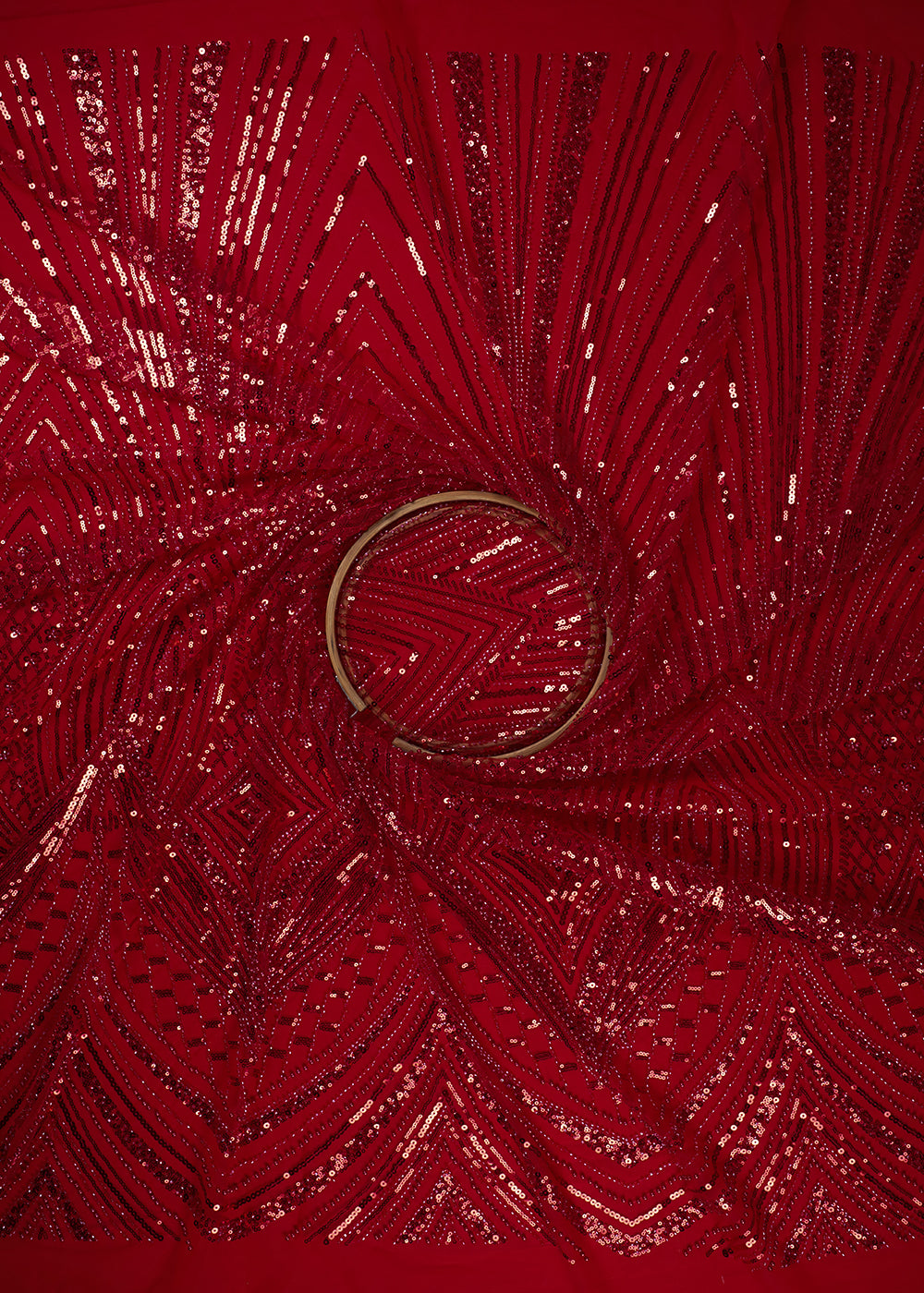 Red Imported Net Fabric With All Over Sequins, Katdana And Bead Work With One Side Heavy Border 25603