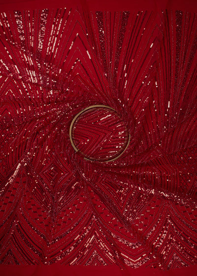 Red Imported Net Fabric With All Over Sequins, Katdana And Bead Work With One Side Heavy Border 25603