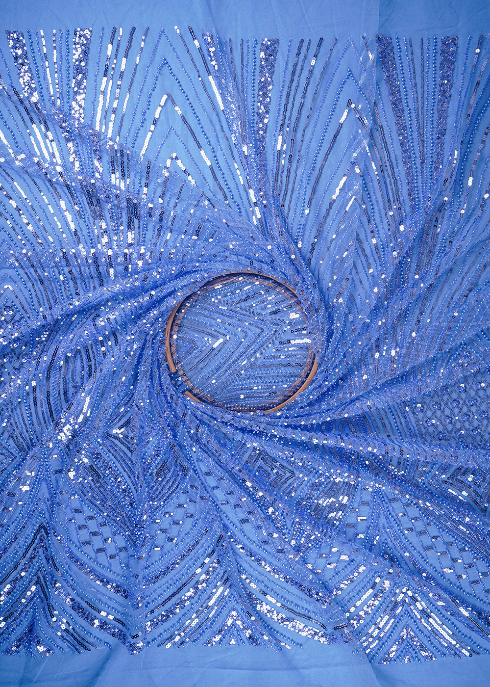 Sky Blue Imported Net Fabric With All Over Sequins, Katdana And Bead Work With One Side Heavy Border 25604