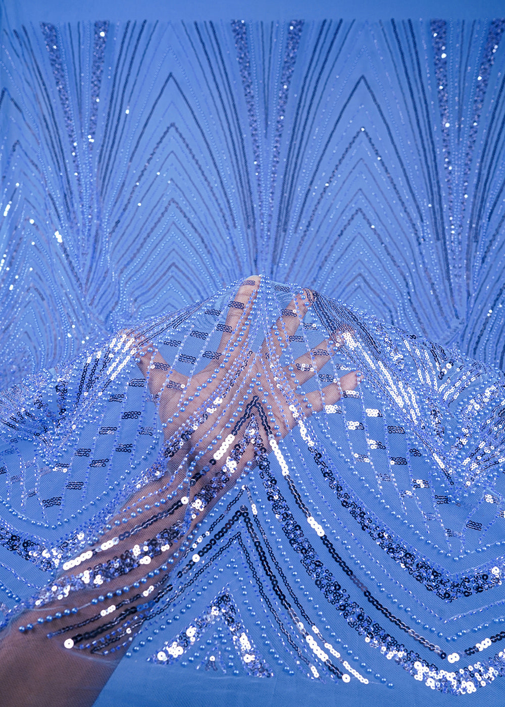 Sky Blue Imported Net Fabric With All Over Sequins, Katdana And Bead Work With One Side Heavy Border 25604