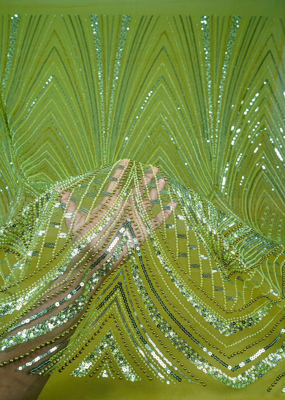 Green Imported Net Fabric With All Over Sequins, Katdana And Bead Work With One Side Heavy Border 25605