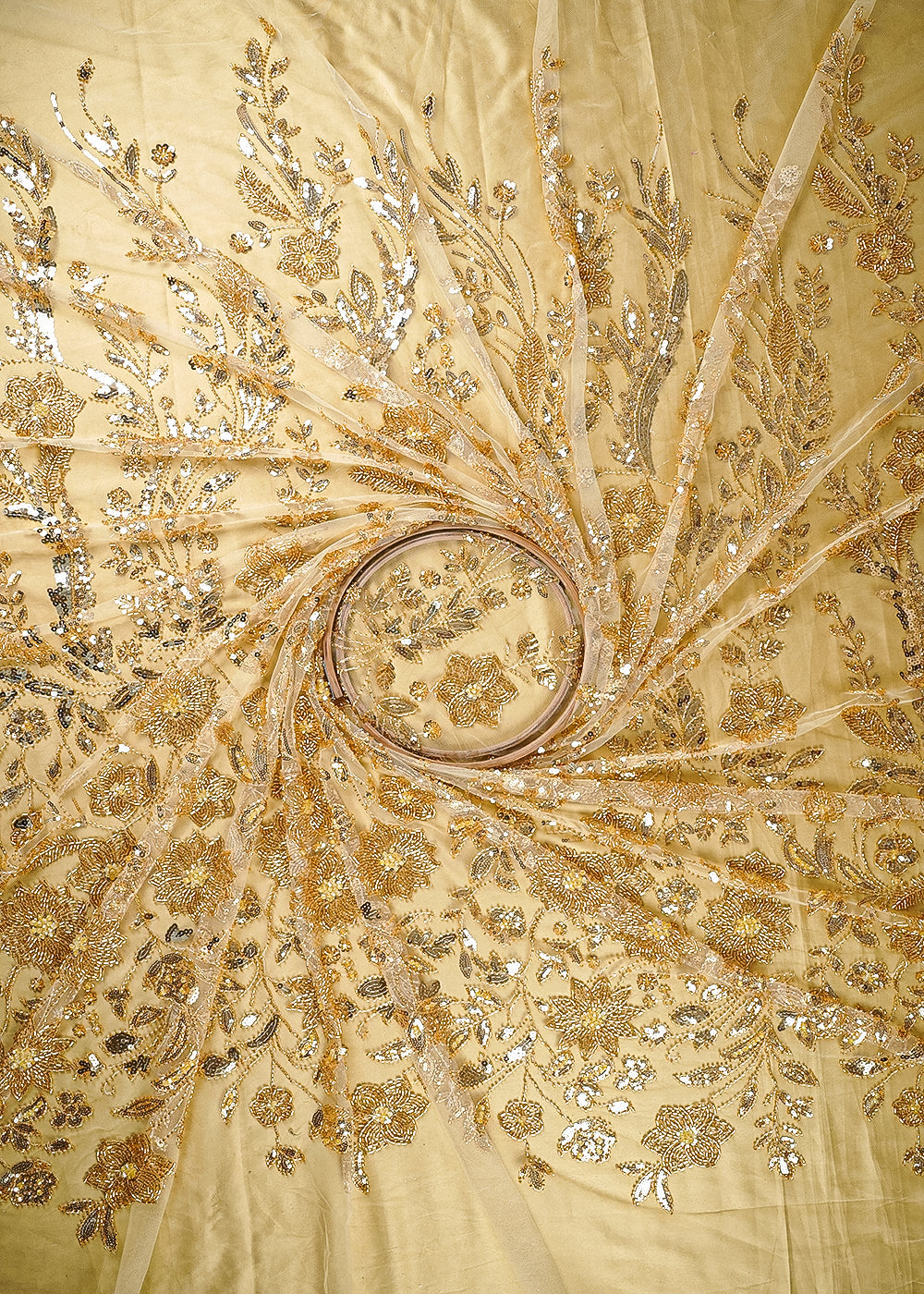 Gold Imported Net Fabric With All Over Sequins, Katdana And Bead Work With One Side Border 25606