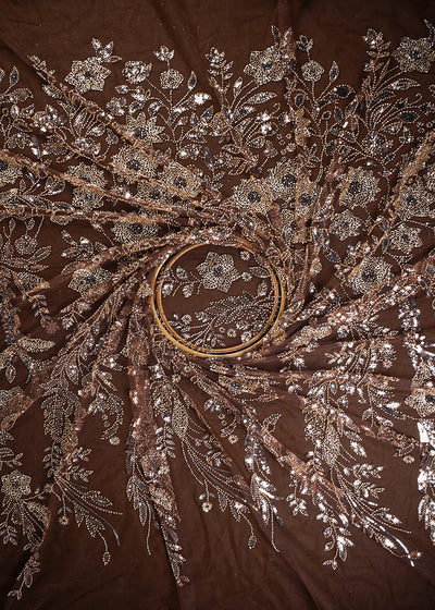 Brown Imported Net Fabric With All Over Sequins, Katdana And Bead Work With One Side Border 25607