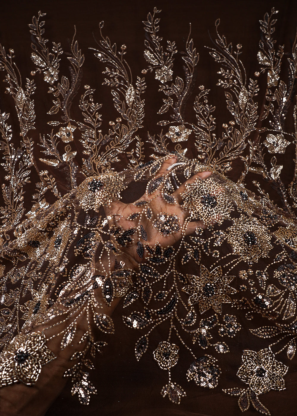 Brown Imported Net Fabric With All Over Sequins, Katdana And Bead Work With One Side Border 25607