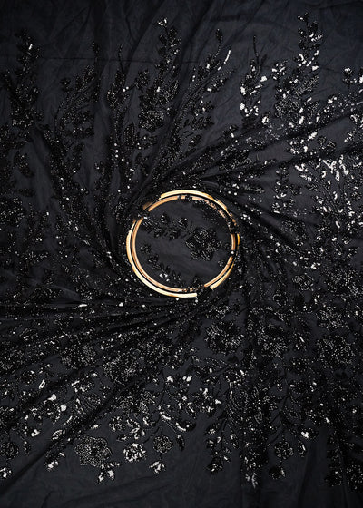 Black Imported Net Fabric With All Over Sequins, Katdana And Bead Work With One Side Border 25608