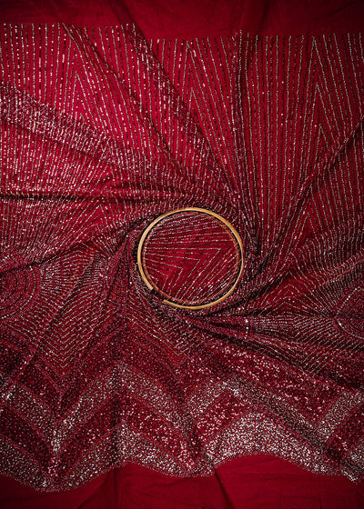 Maroon Imported Net Fabric With All Over Sequins And Katdana Work With Border 25612