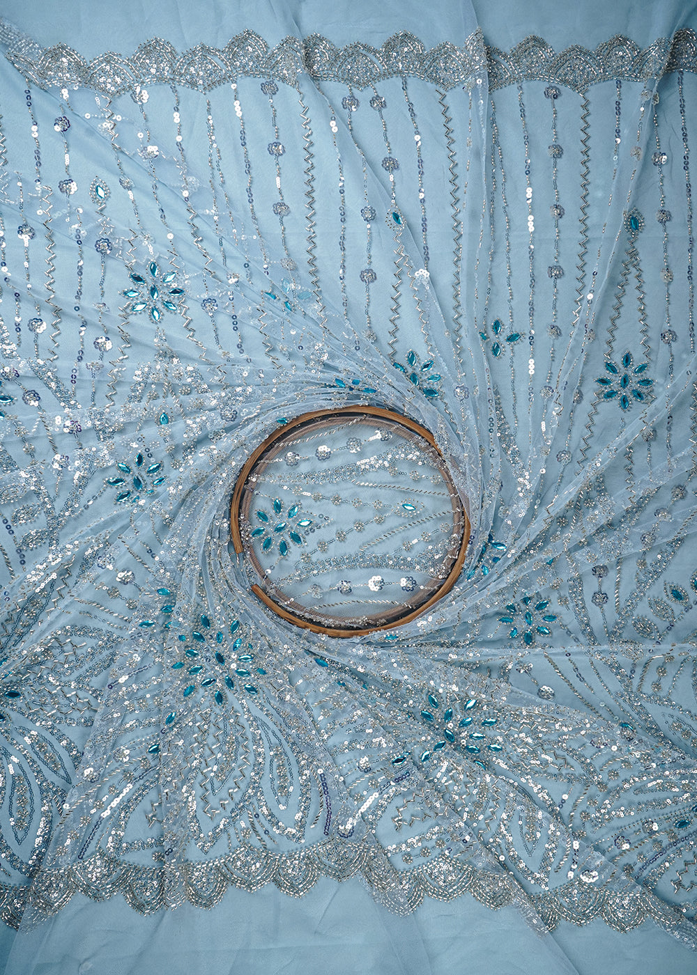 Sky Blue Imported Net Fabric With All Over Sequins, Katdana And Stone Work 25613