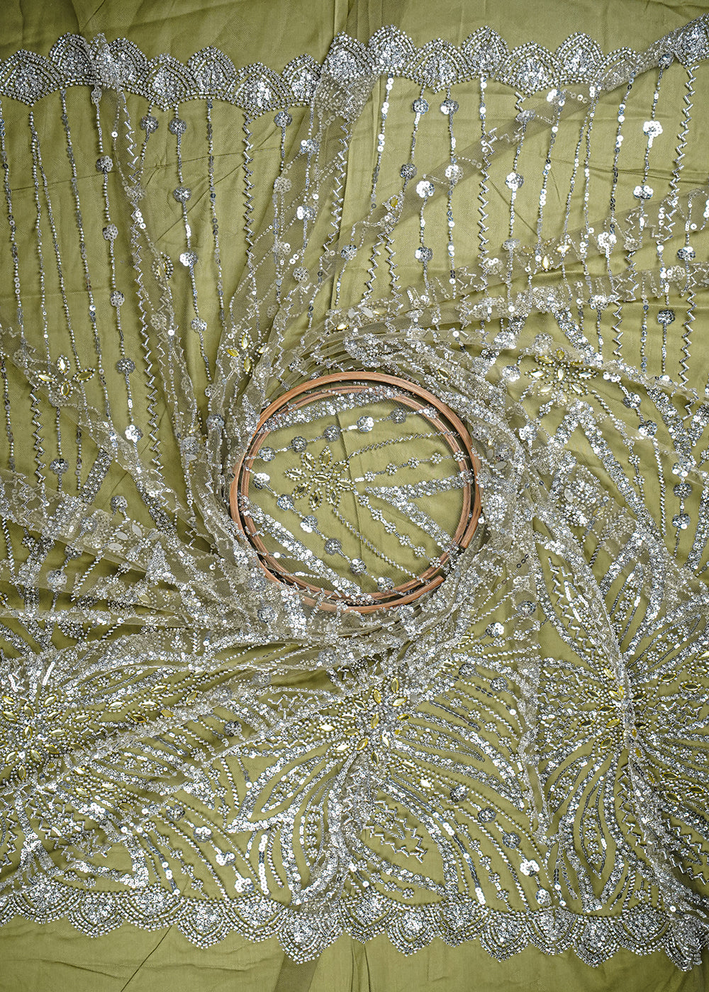 Olive Green Imported Net Fabric With All Over Sequins, Katdana And Stone Work 25614