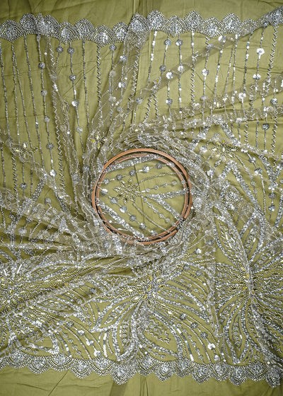 Olive Green Imported Net Fabric With All Over Sequins, Katdana And Stone Work 25614