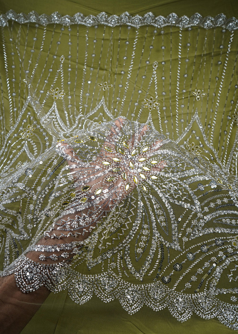 Olive Green Imported Net Fabric With All Over Sequins, Katdana And Stone Work 25614