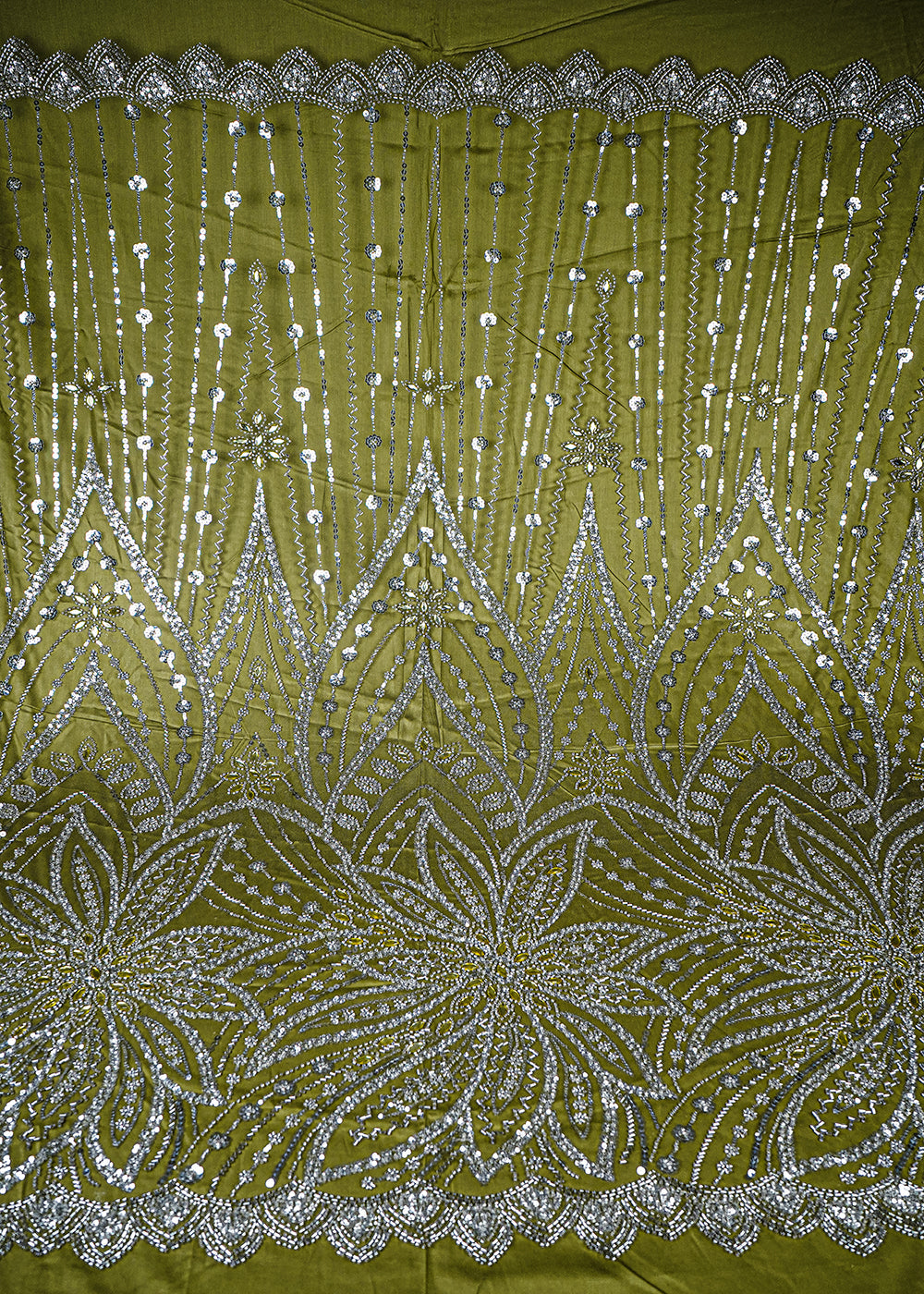 Olive Green Imported Net Fabric With All Over Sequins, Katdana And Stone Work 25614