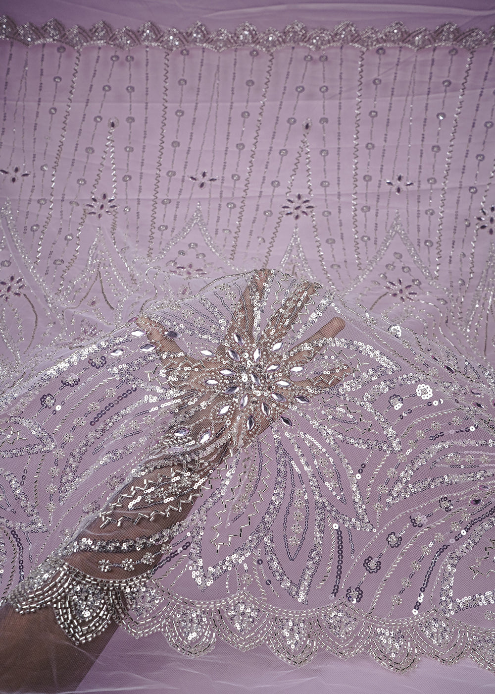 Baby Pink Imported Net Fabric With All Over Sequins, Katdana And Stone Work 25615