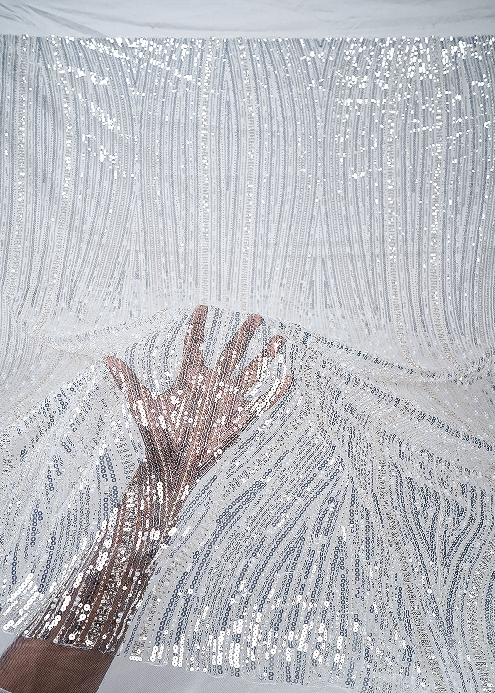White Imported Net Fabric With All Over Sequins, Katdana And Bead Work 25621
