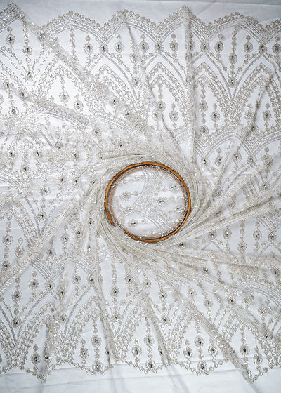 White Imported Net Fabric With All Over Sequins, Katdana And Stone Work With One Side Border 25623