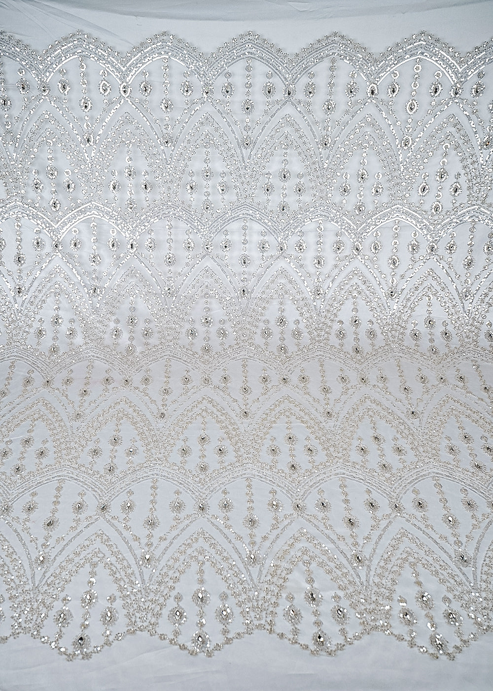 White Imported Net Fabric With All Over Sequins, Katdana And Stone Work With One Side Border 25623