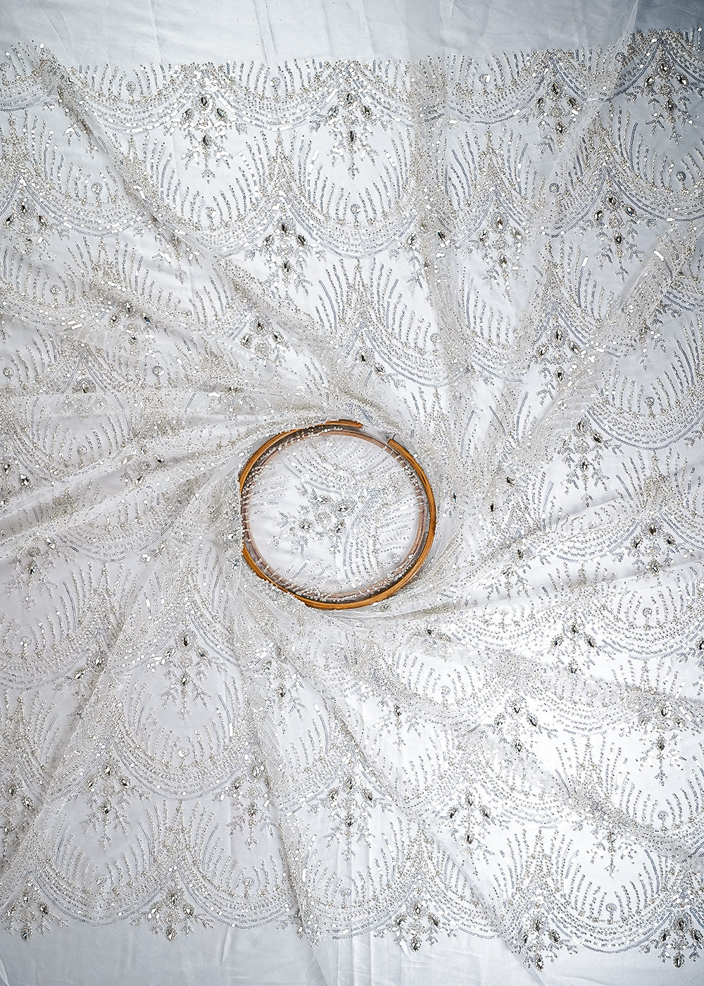 White Imported Net Fabric With All Over Sequins, Katdana And Stone Work 25624