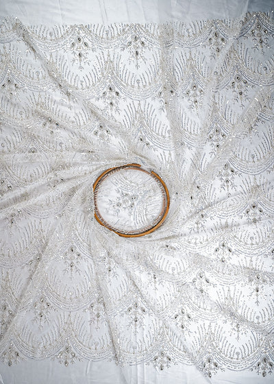 White Imported Net Fabric With All Over Sequins, Katdana And Stone Work 25624