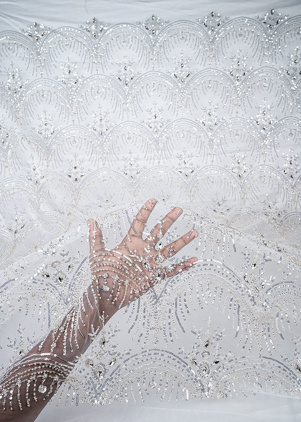 White Imported Net Fabric With All Over Sequins, Katdana And Stone Work 25624