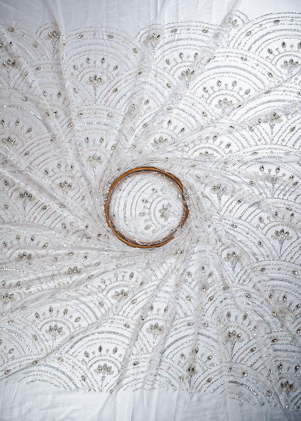 White Imported Net Fabric With All Over Sequins, Katdana And Stone Work 25625