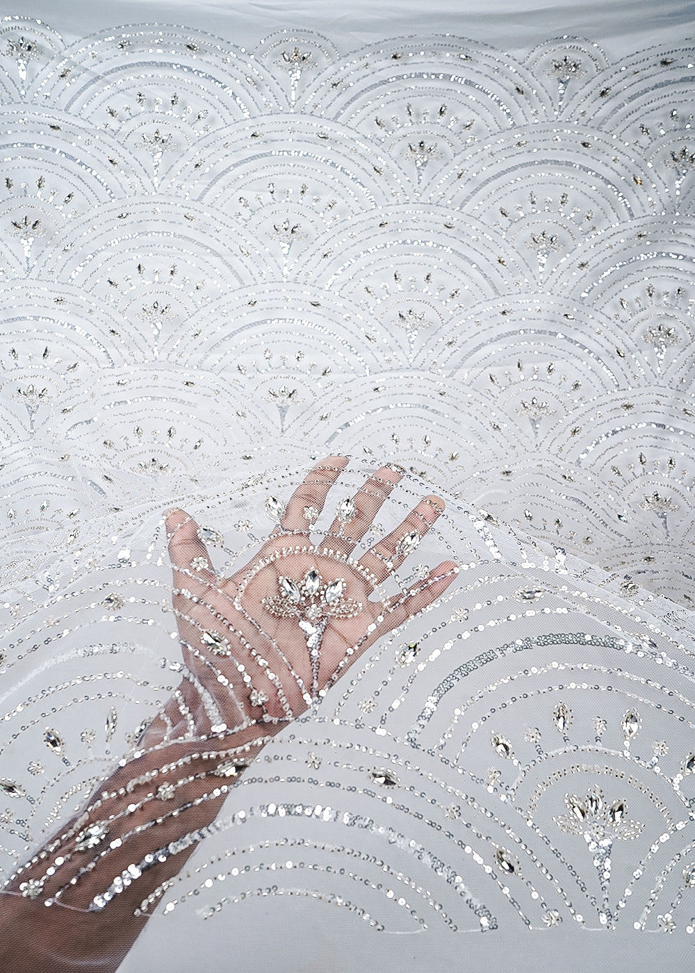 White Imported Net Fabric With All Over Sequins, Katdana And Stone Work 25625