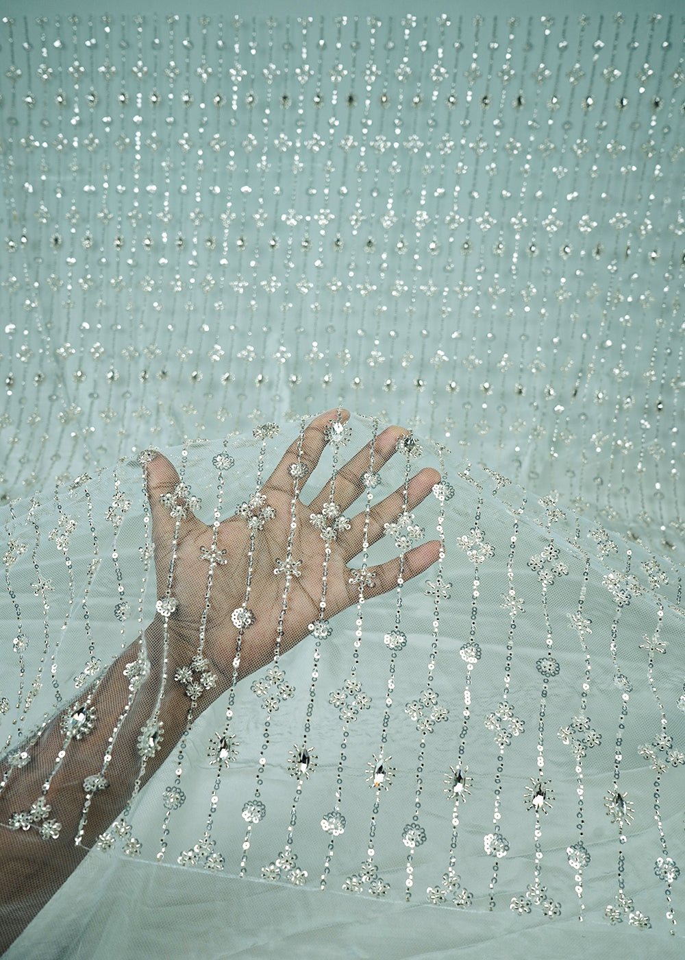 Sea Green Imported Net Fabric With All Over Sequins And Katdana Work 25626