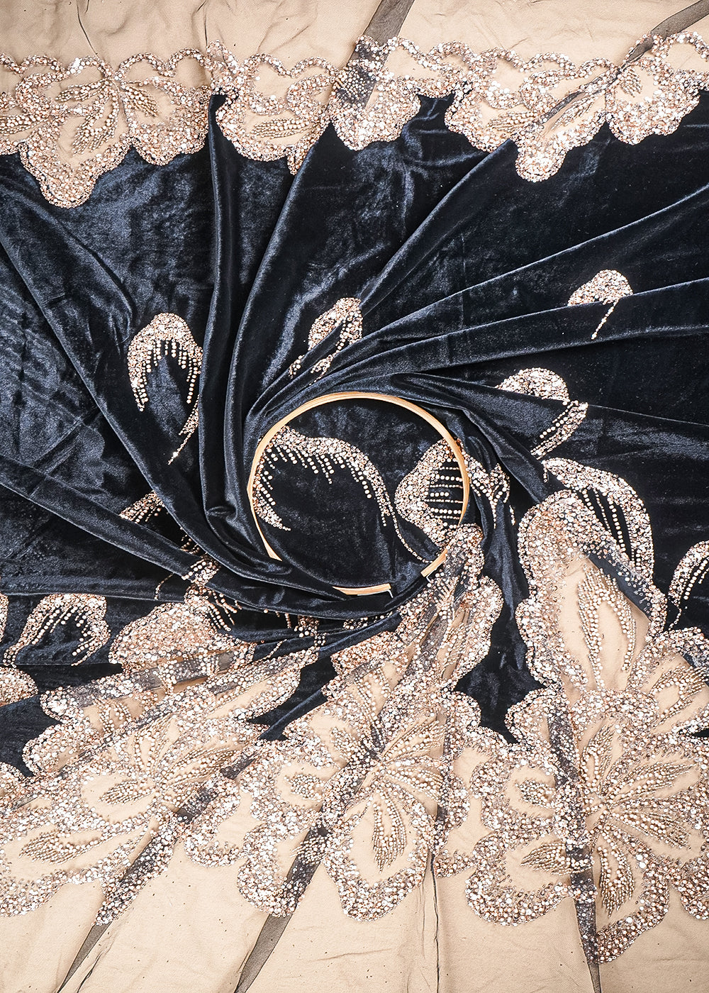 Black Velvet Fabric With All Over Sequins, Katdana, Bead And Net Patch Work With Border 25631