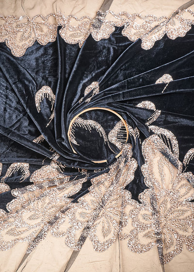 Black Velvet Fabric With All Over Sequins, Katdana, Bead And Net Patch Work With Border 25631