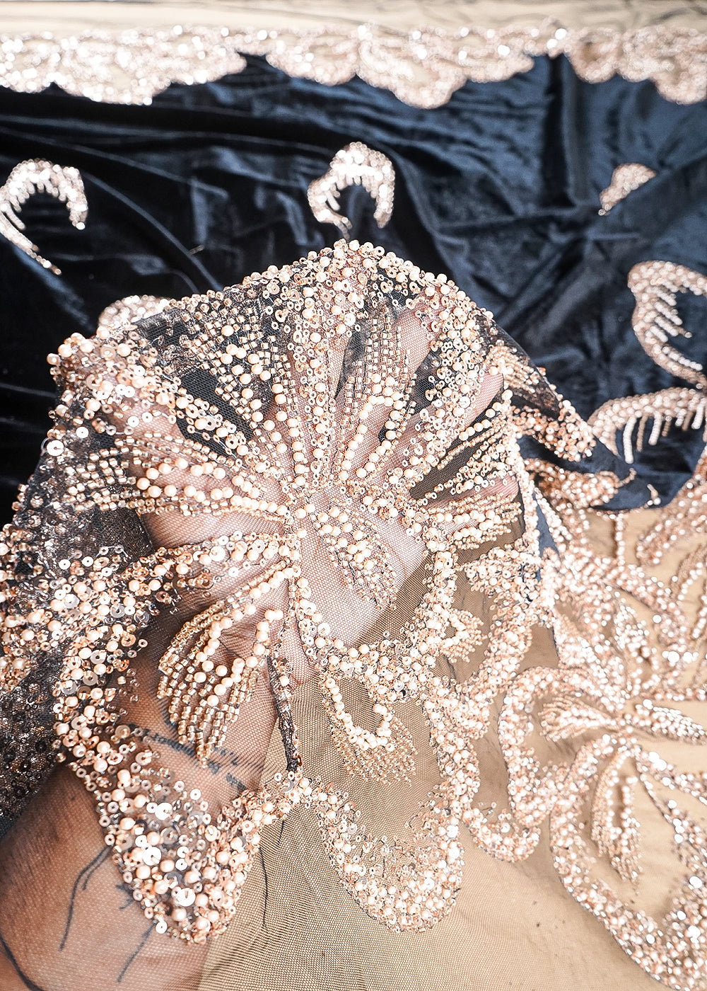 Black Velvet Fabric With All Over Sequins, Katdana, Bead And Net Patch Work With Border 25631