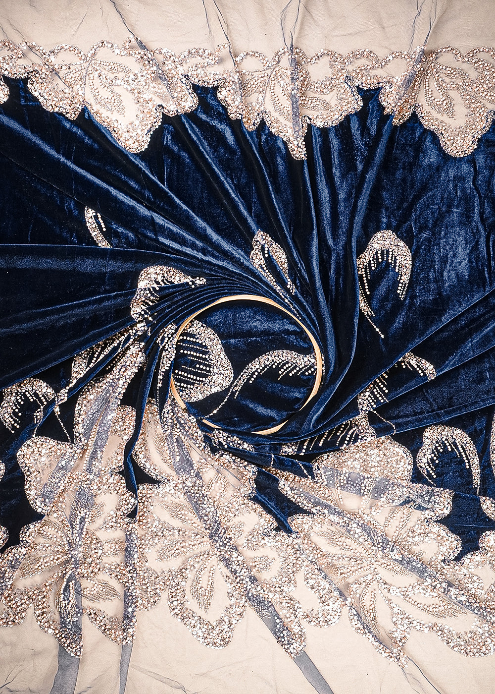 Navy Blue Velvet Fabric With All Over Sequins, Katdana, Bead And Net Patch Work With Border 25632
