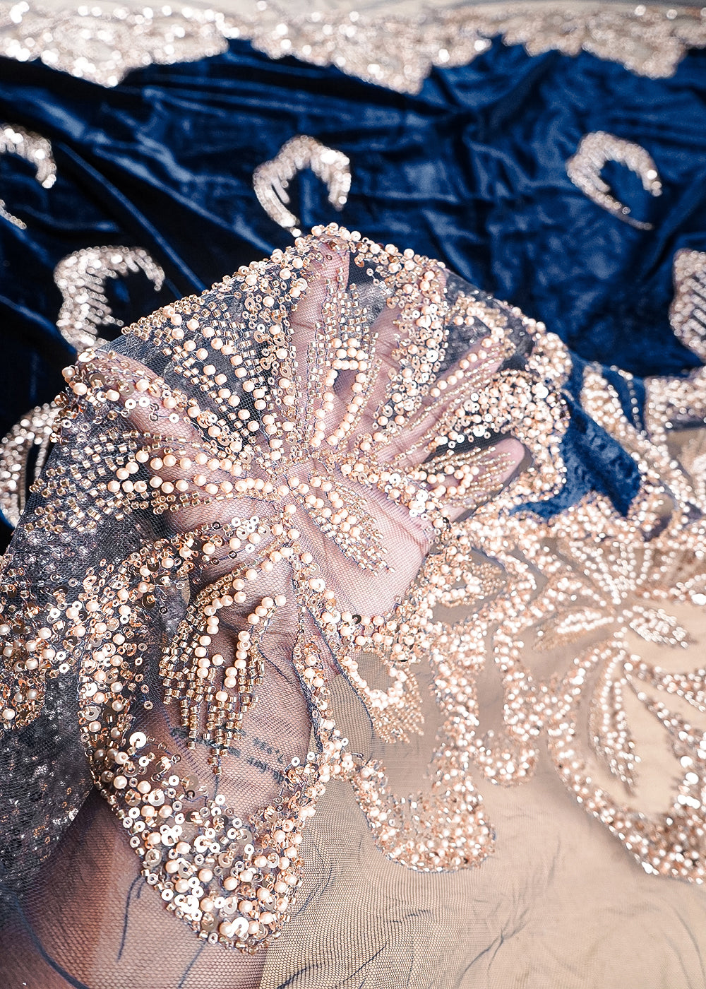 Navy Blue Velvet Fabric With All Over Sequins, Katdana, Bead And Net Patch Work With Border 25632