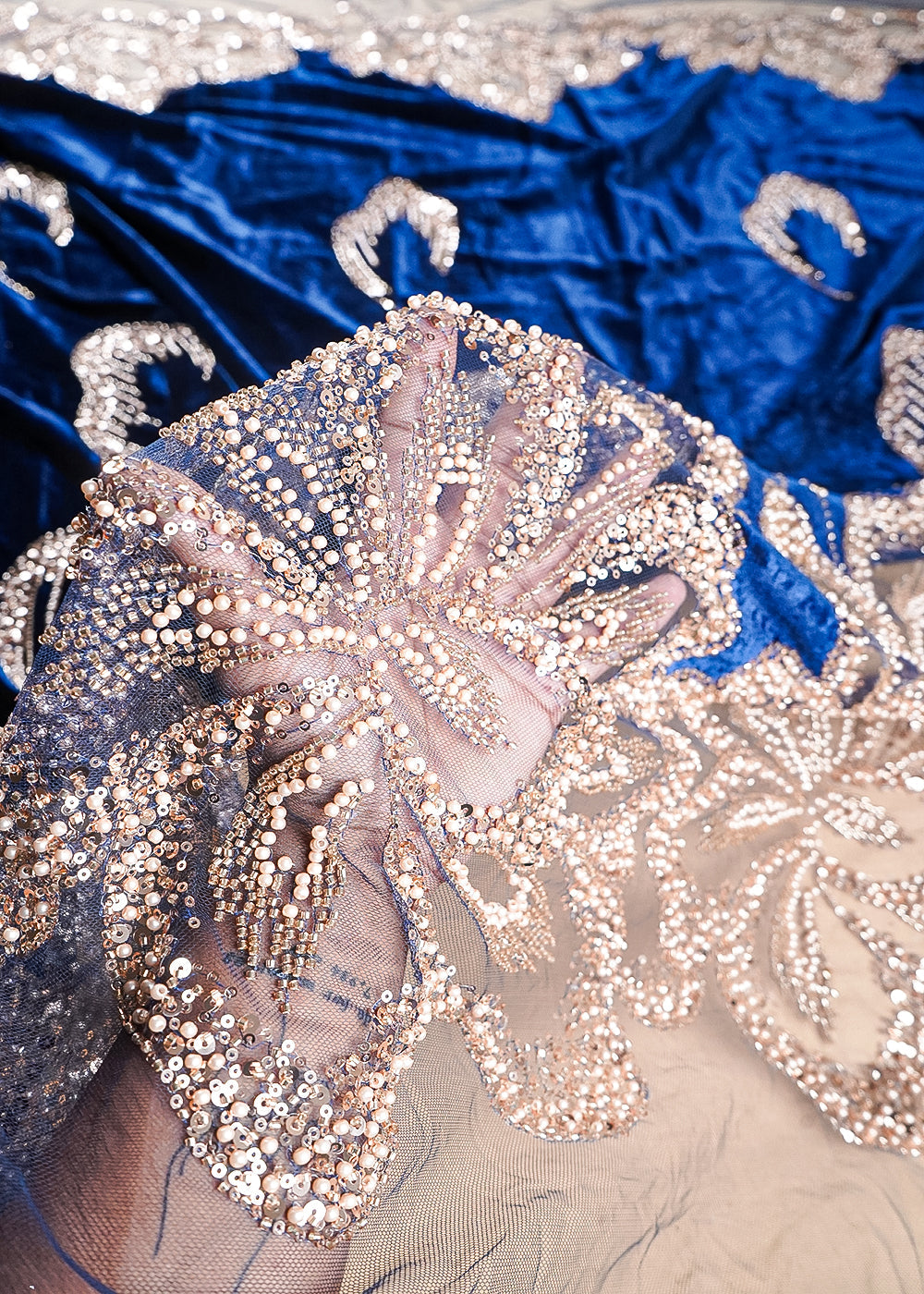 Navy Blue Velvet Fabric With All Over Sequins, Katdana, Bead And Net Patch Work With Border 25632