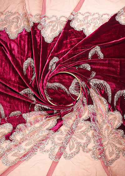 Wine Velvet Fabric With All Over Sequins, Katdana, Bead And Net Patch Work With Border 25633