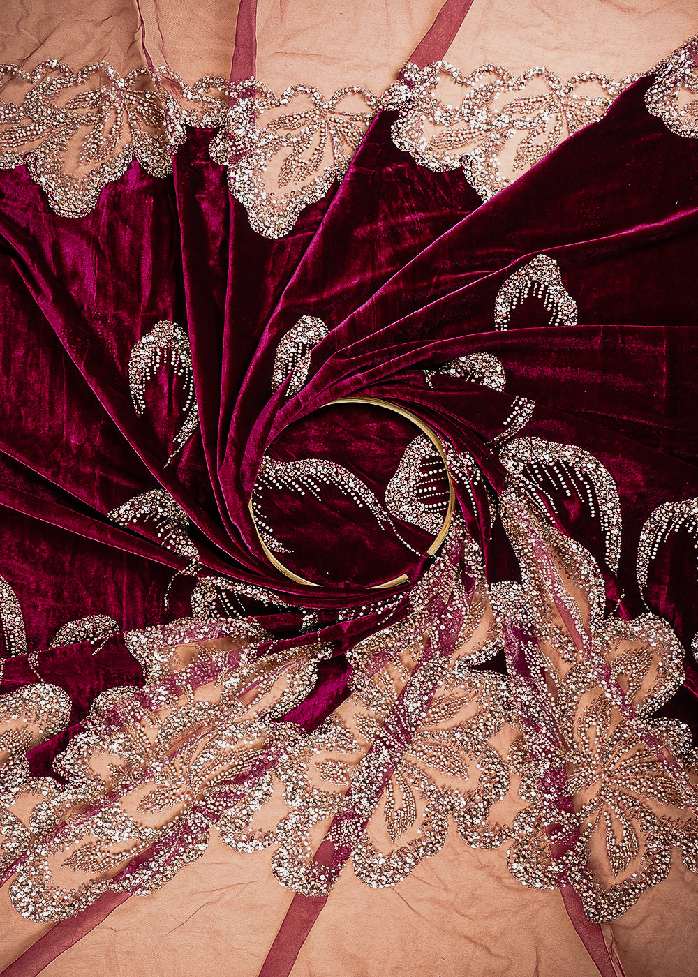 Wine Velvet Fabric With All Over Sequins, Katdana, Bead And Net Patch Work With Border 25633