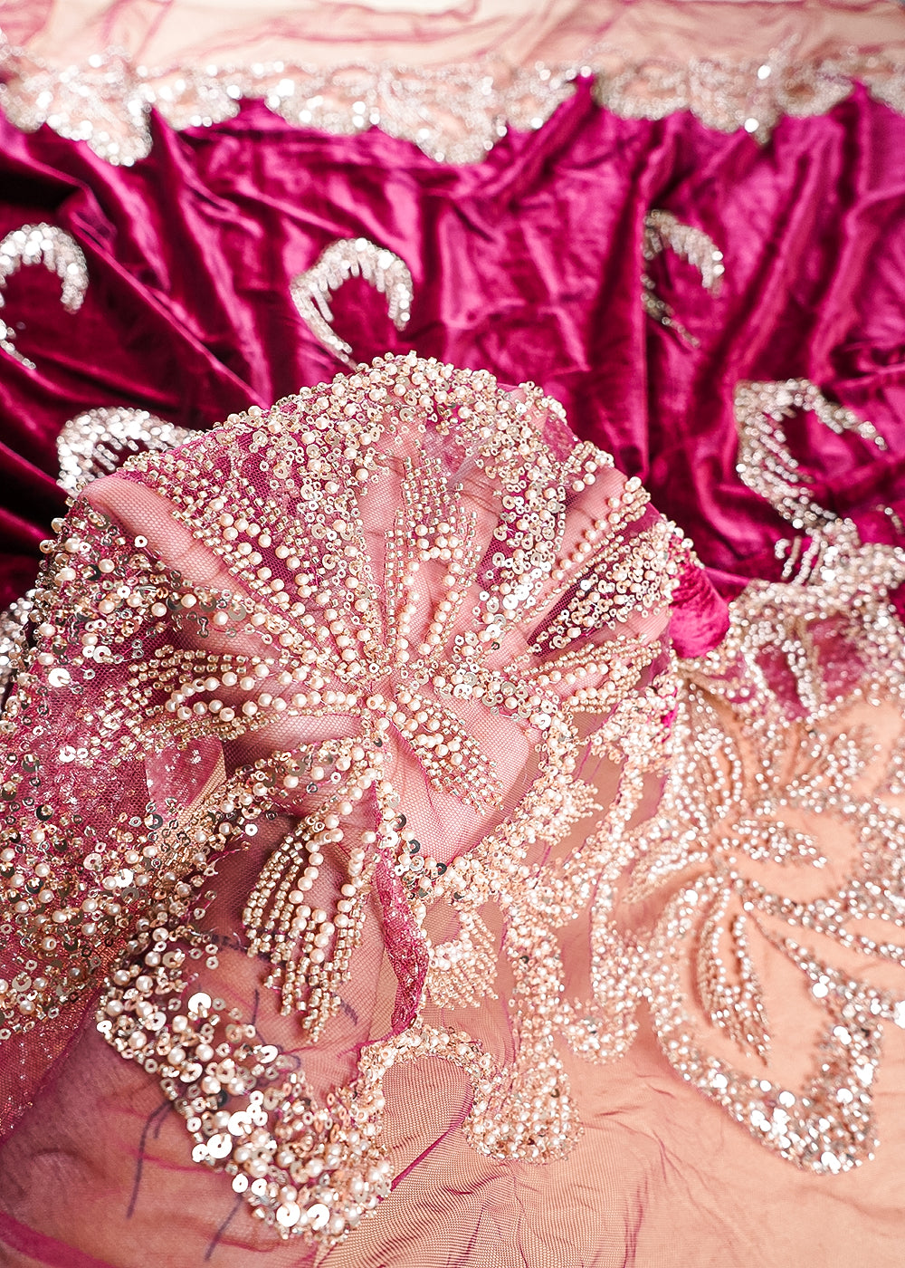 Wine Velvet Fabric With All Over Sequins, Katdana, Bead And Net Patch Work With Border 25633