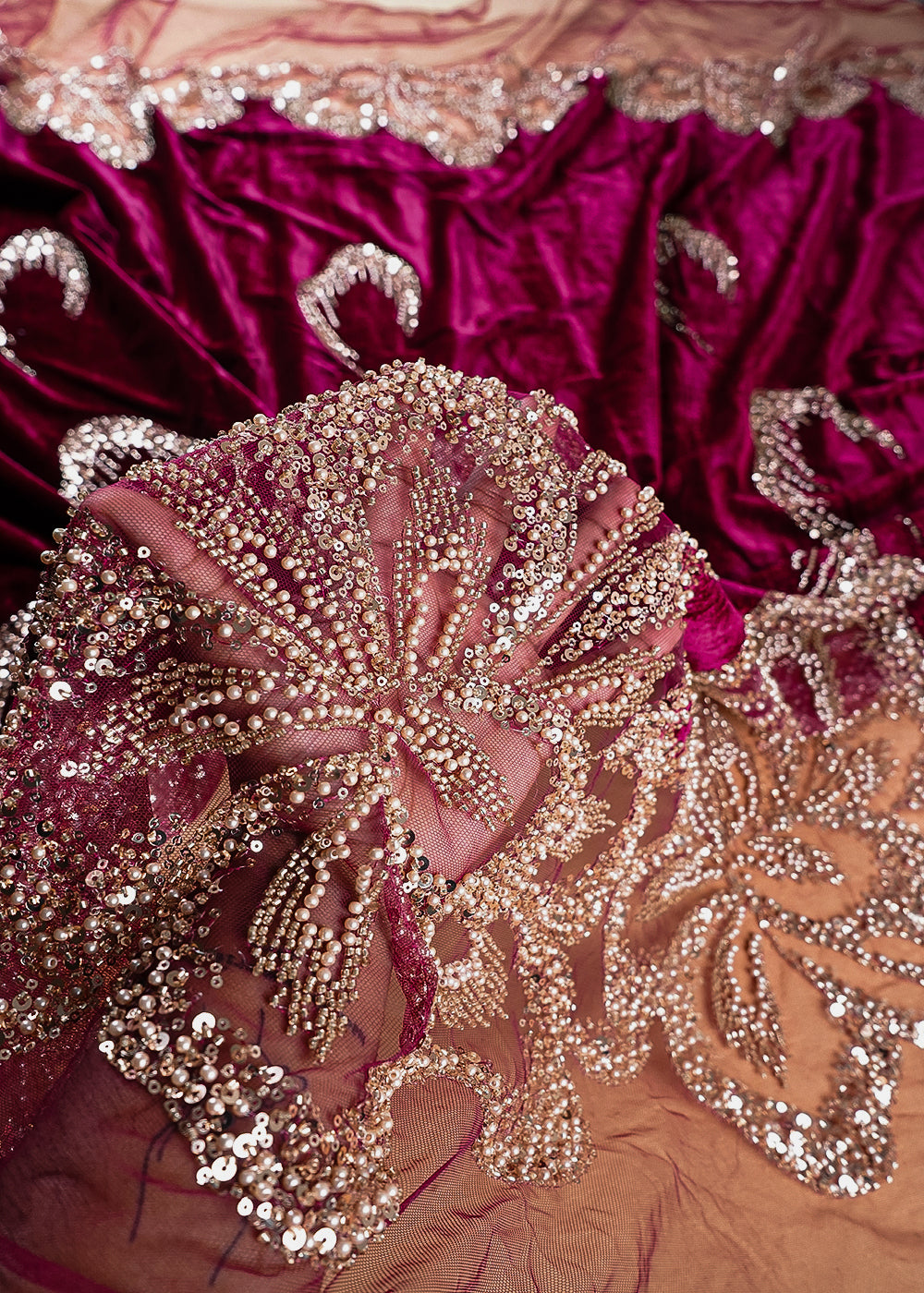 Wine Velvet Fabric With All Over Sequins, Katdana, Bead And Net Patch Work With Border 25633