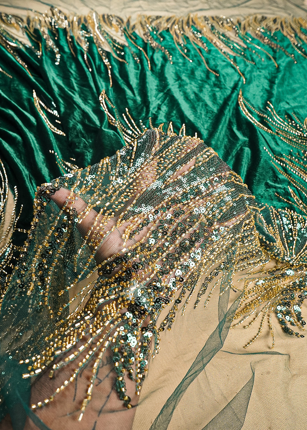 Bottle Green Velvet Fabric With All Over Sequins, Katdana And Net Patch Work With Border 25634