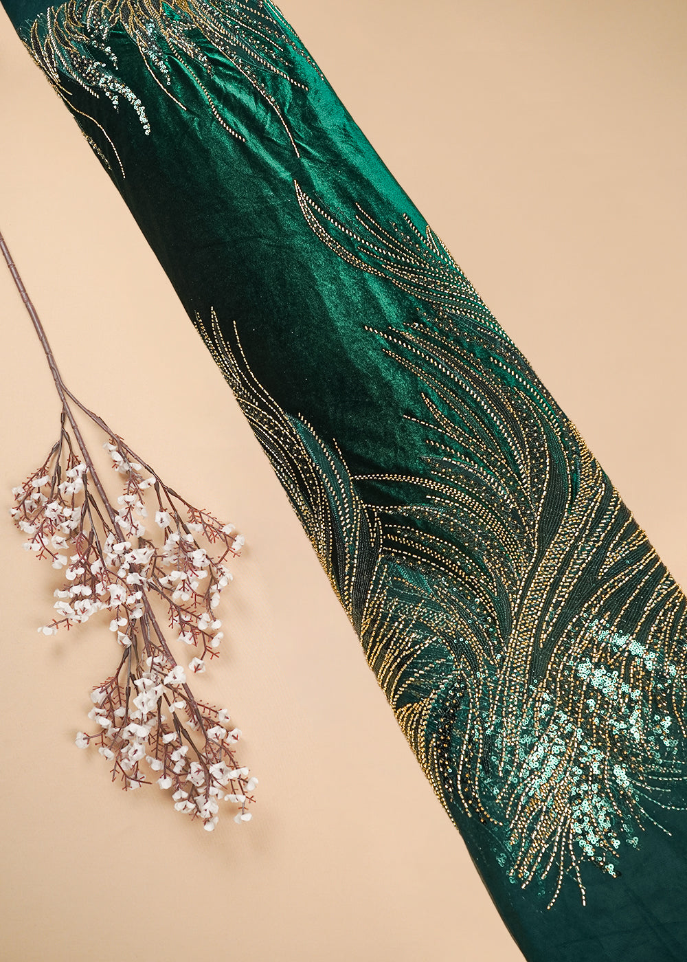 Bottle Green Velvet Fabric With All Over Sequins, Katdana And Net Patch Work With Border 25634