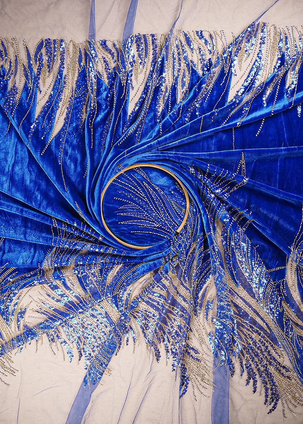Royal Blue Velvet Fabric With All Over Sequins, Katdana And Net Patch Work With Border 25635