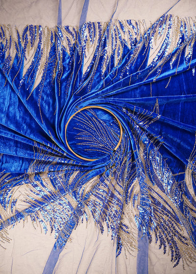 Royal Blue Velvet Fabric With All Over Sequins, Katdana And Net Patch Work With Border 25635
