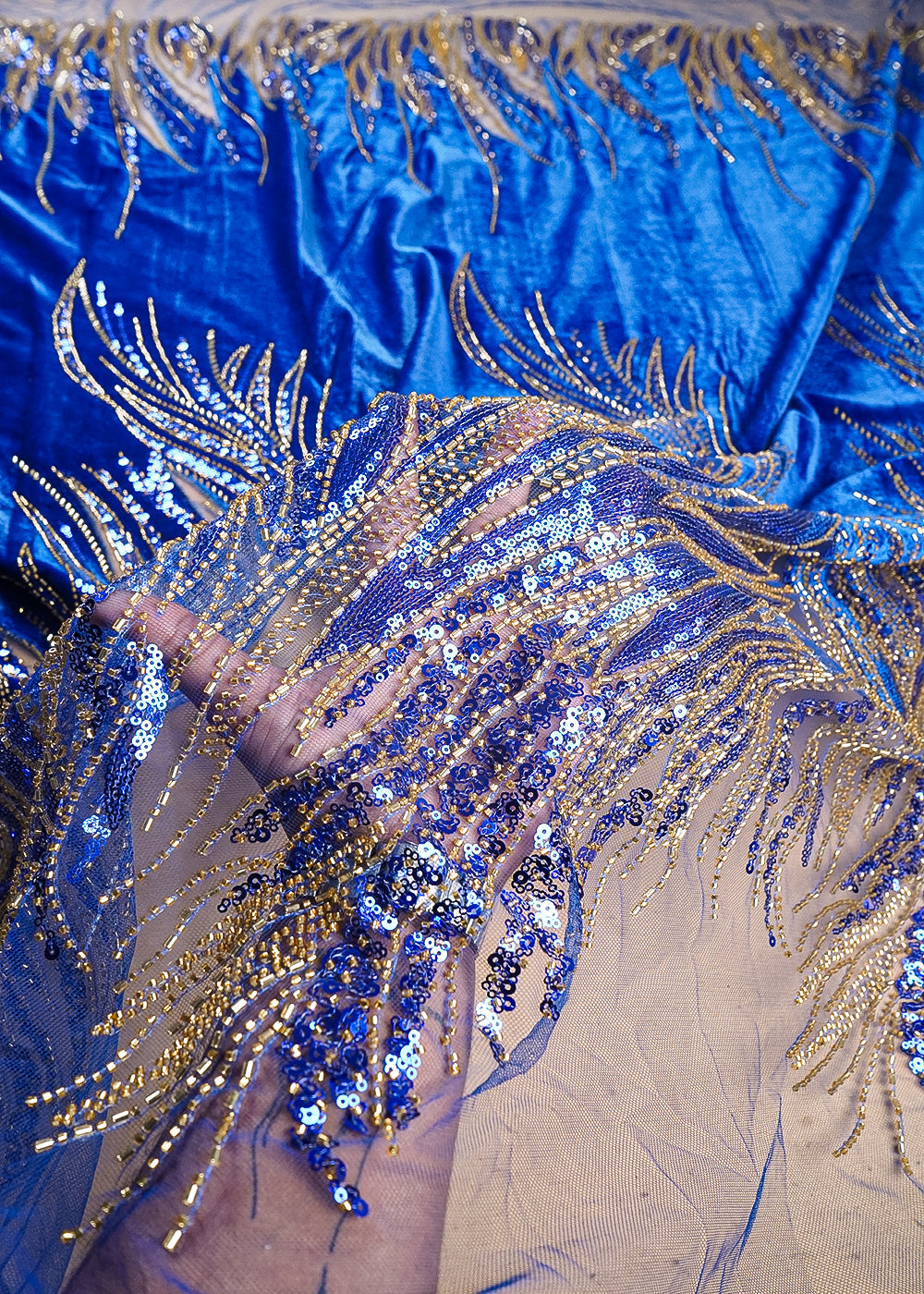 Royal Blue Velvet Fabric With All Over Sequins, Katdana And Net Patch Work With Border 25635