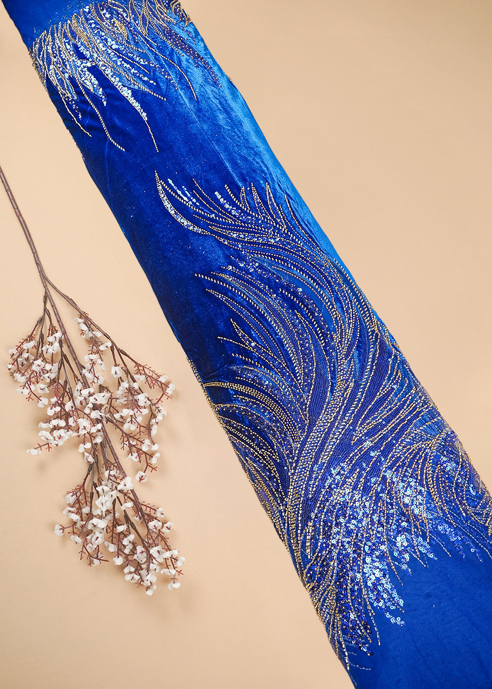 Royal Blue Velvet Fabric With All Over Sequins, Katdana And Net Patch Work With Border 25635