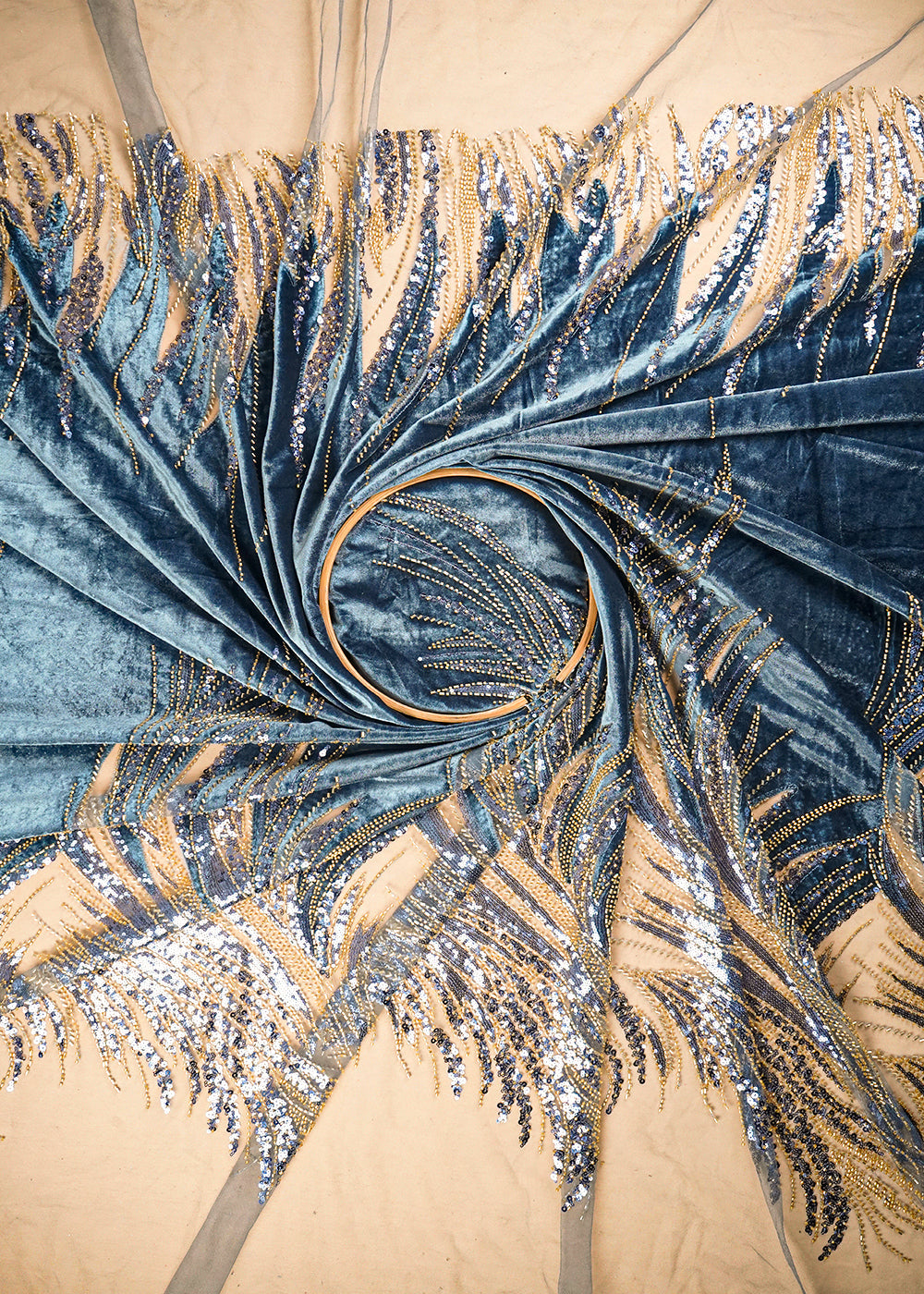 Grey Velvet Fabric With All Over Sequins, Katdana And Net Patch Work W