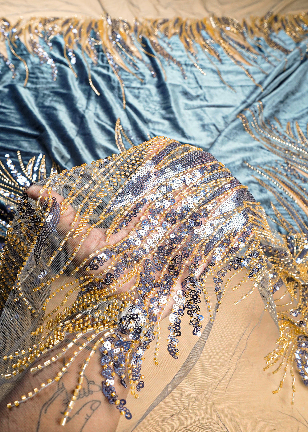 Grey Velvet Fabric With All Over Sequins, Katdana And Net Patch Work With Border 25636