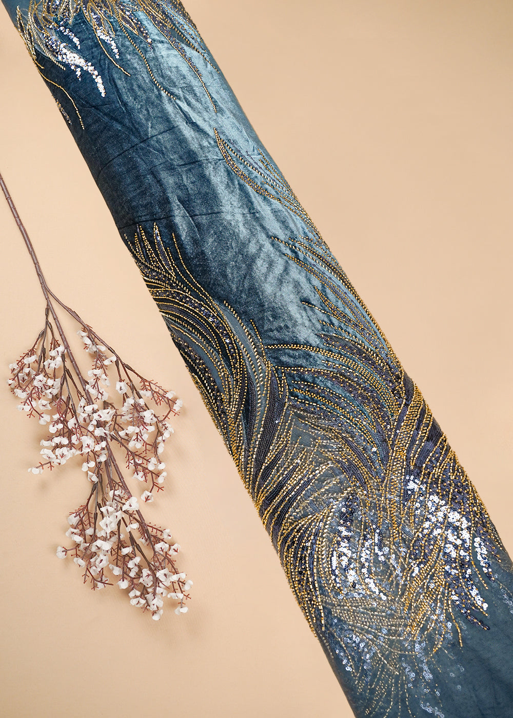 Grey Velvet Fabric With All Over Sequins, Katdana And Net Patch Work With Border 25636