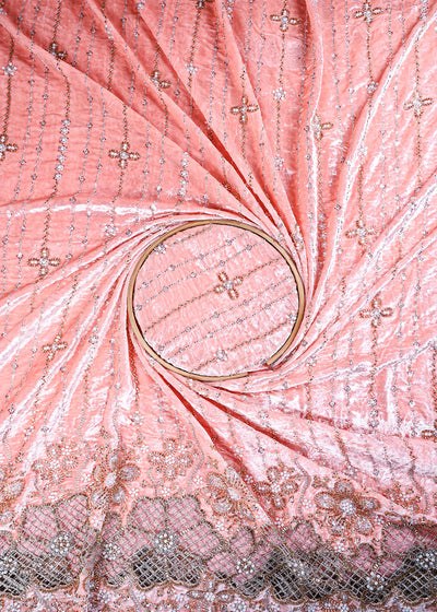 Peach Valvet Fabric With All Over Sequins, Katdana And Bead Work With One Side Cutwork Border 25637