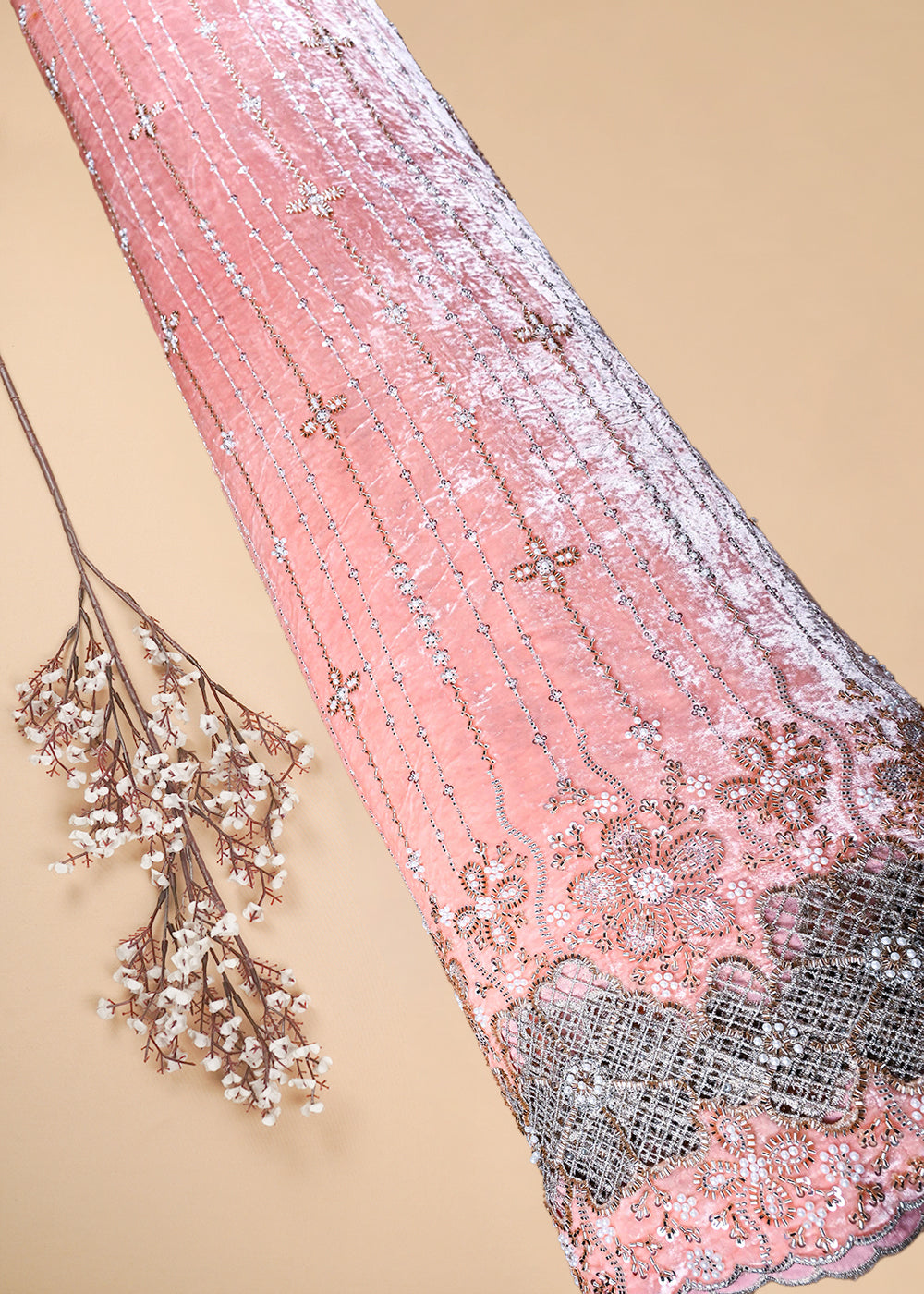 Peach Valvet Fabric With All Over Sequins, Katdana And Bead Work With One Side Cutwork Border 25637